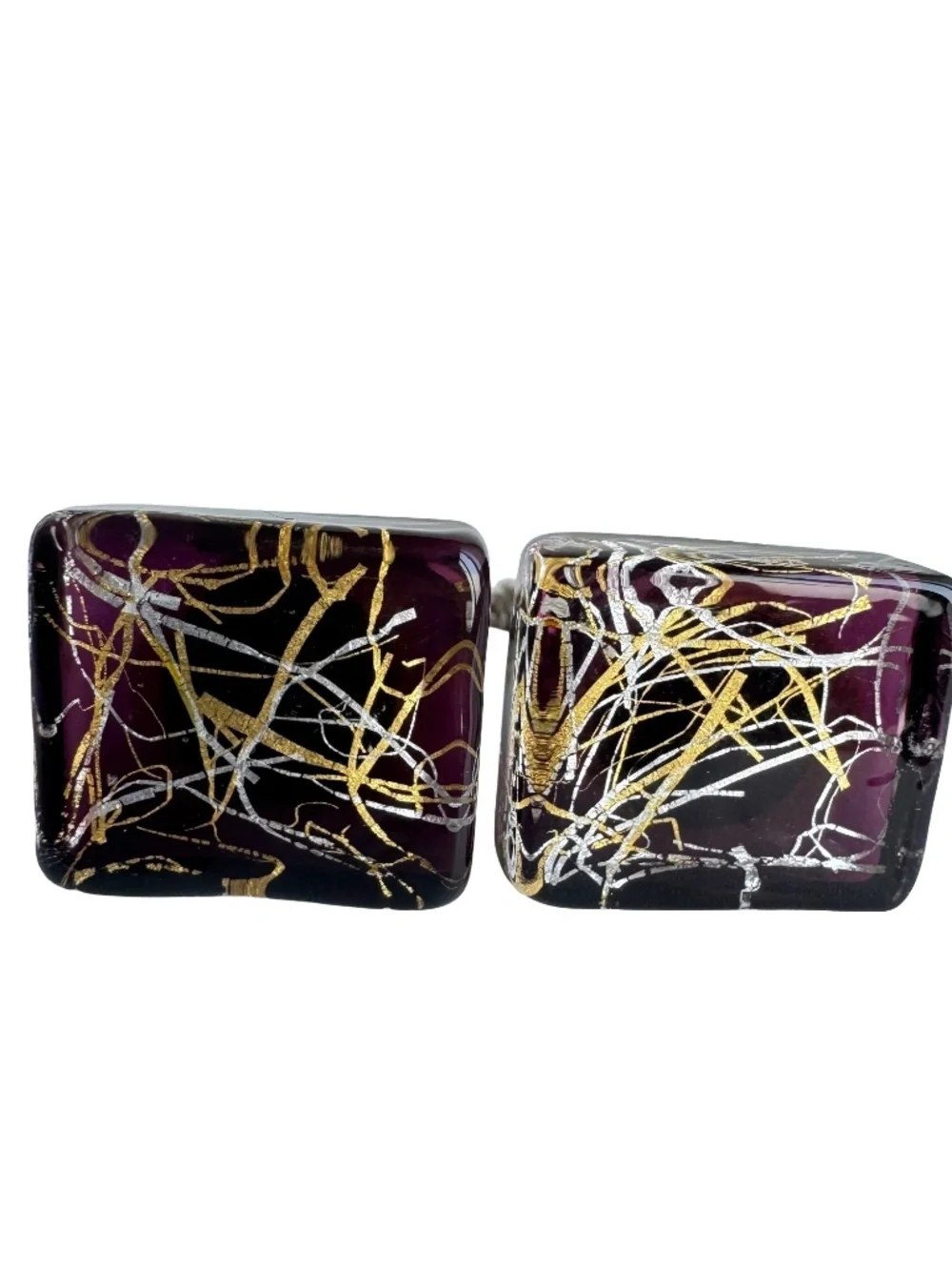 Vintage Purple Art Glass Cufflinks Gold Silver Foil Chunky Square Modernist Gift